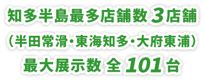 知多半島最多店舗数3店舗(半田・東海・大府)最大展示数全79台